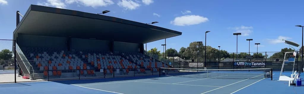 BRTC courts, grandstand, and LED lighting at Bendigo Regional Tennis Centre